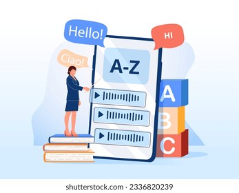 Language school concept banner with character. Can use for web banner, infographics, hero images. Flat isometric vector illustration isolated on white background.