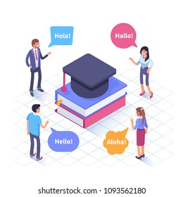 
Language school concept banner with characters. Can use for web banner, infographics, hero images. Flat isometric vector illustration isolated on white background.