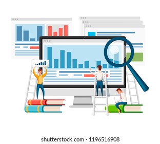Language school concept banner. Monitor, books, and humans. Online education concept. Flat vector illustration on white background. Website page and mobile app design.