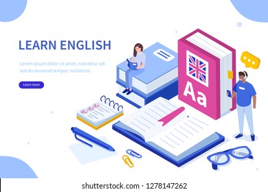 Language school concept. Can use for web banner, infographics, hero images. Flat isometric vector illustration isolated on white background.