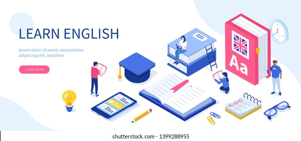 Language school concept. Can use for web banner, infographics, hero images. Flat isometric vector illustration isolated on white background.