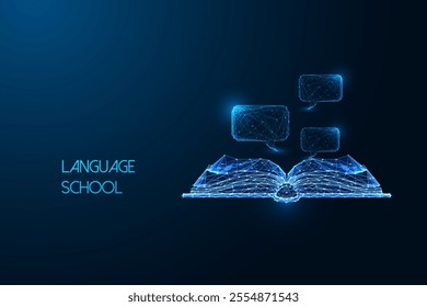Language school concept with glowing digital book and speech bubbles on dark blue background. Learning, communication, and education visualization. Glowing low polygonal abstract vector illustration.