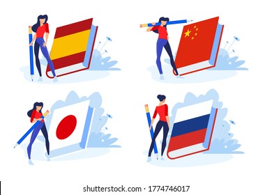Language school and courses. Vector illustrations of woman in different poses with pencil and a book for learning a foreign language. Concepts for graphic and web design.