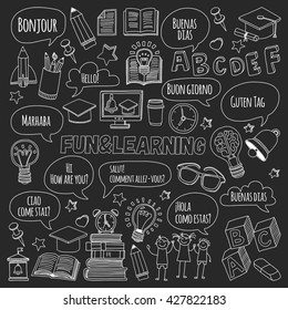 Language school doodle icons on blackboard