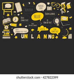 Language school doodle icons on blackboard
