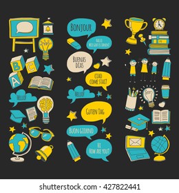 Language school doodle icons on blackboard