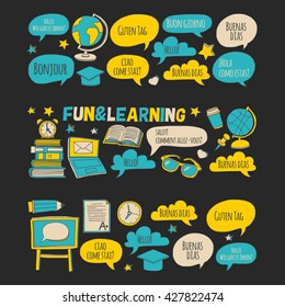 Language school doodle icons on blackboard