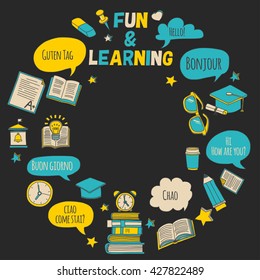 Language school doodle icons on blackboard