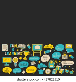Language school doodle icons on blackboard