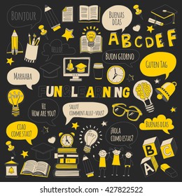 Language school doodle icons on blackboard