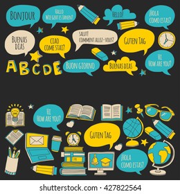 Language school doodle icons on blackboard
