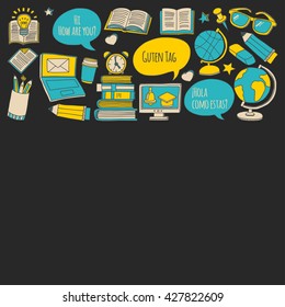 Language school doodle icons on blackboard