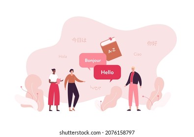Language school education concept. Vector flat people illustration. Multiethic group of student. Book, speech bubble with hello and bonjour text. Arabian, chinese word on background.