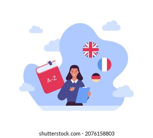 Language school education concept. Vector flat people illustration. Mixed ethnic student with textbook. Book with alphabet symbol. English, french and german flag icon on sky background.