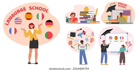 Language School Featuring English Lessons With A Multilingual Learning Environment. Includes Different National Flags, Books And Interactive Learning Scenes Emphasizing Communication And Education