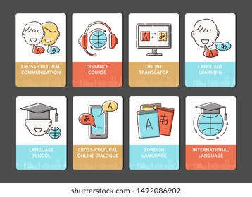 Language school icon card set - global web education and online learning service ad elements isolated on dark background, translation and communication course - vector illustration