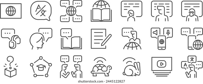 Language school icon set. It includes languages, study, class, lessons, learning, and more icons. Editable Vector Stroke.