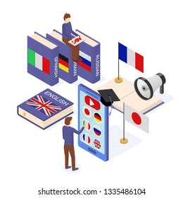 Language School Infographics Concept 3d Isometric View Include of Book, Student, Mobile, Flag and Cap. Vector illustration