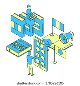 Language School Infographics Concept 3d Line Isometric View Include of Book, Student, Mobile, Flag and Cap. Vector illustration