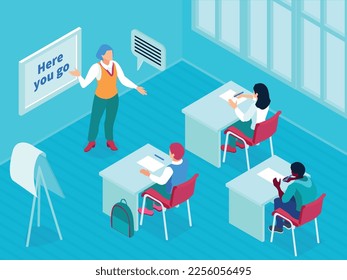 Antecedentes isométricos de la escuela de idiomas con alumnos sentados en los escritorios de la clase y escuchando la ilustración del vector del profesor