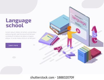 Language school isometric landing page. Isometric character learning english through application on tablet. Online education, training or e-learning courses, university lesson for banner and website.