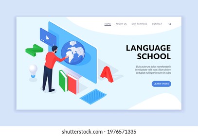 Language school isometric landing page banner template. Male cartoon character using app with planet while learning foreign languages. Online language school concept