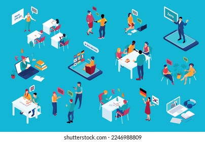 Language school isometric set of people learning foreign language online in class with tutor and in speaking club isolated vector illustration