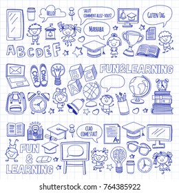 Language school Kids, chidlren, boys and girls. Happy students learning english, spanish, german, italian, arabic languages College, university, kindergarten language classes Play, study vector icons