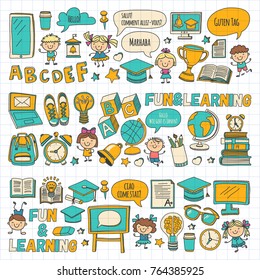 Language school Kids, chidlren, boys and girls. Happy students learning english, spanish, german, italian, arabic languages College, university, kindergarten language classes Play, study vector icons