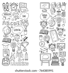 Language school Kids, chidlren, boys and girls. Happy students learning english, spanish, german, italian, arabic languages College, university, kindergarten language classes Play, study vector icons