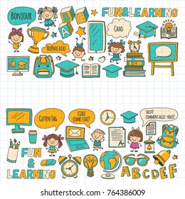 Language school Kids, chidlren, boys and girls. Happy students learning english, spanish, german, italian, arabic languages College, university, kindergarten language classes Play, study vector icons