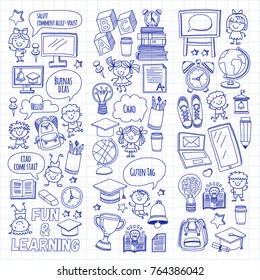 Language school Kids, chidlren, boys and girls. Happy students learning english, spanish, german, italian, arabic languages College, university, kindergarten language classes Play, study vector icons