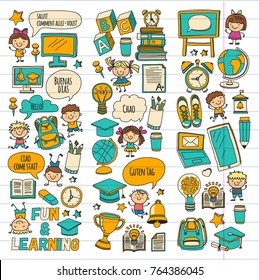 Language school Kids, chidlren, boys and girls. Happy students learning english, spanish, german, italian, arabic languages College, university, kindergarten language classes Play, study vector icons