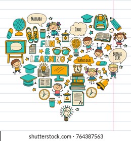 Language school Kids, chidlren, boys and girls. Happy students learning english, spanish, german, italian, arabic languages College, university, kindergarten language classes Play, study vector icons