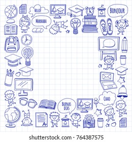 Language school Kids, chidlren, boys and girls. Happy students learning english, spanish, german, italian, arabic languages College, university, kindergarten language classes Play, study vector icons