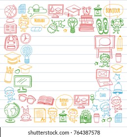 Language school Kids, chidlren, boys and girls. Happy students learning english, spanish, german, italian, arabic languages College, university, kindergarten language classes Play, study vector icons