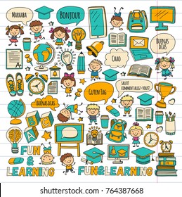 Language school Kids, chidlren, boys and girls. Happy students learning english, spanish, german, italian, arabic languages College, university, kindergarten language classes Play, study vector icons