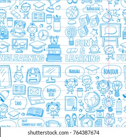 Language school Kids, chidlren, boys and girls. Happy students learning english, spanish, german, italian, arabic languages College, university, kindergarten language classes Seamless vector pattern