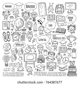 Language school Kids, chidlren, boys and girls. Happy students learning english, spanish, german, italian, arabic languages College, university, kindergarten language classes Play, study vector icons