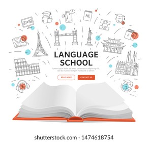 Language School Landing Page - Open Book With Education Symbols Around Text Template, Foreign Tourist Attractions And Translation Icons For Online Course Website - Isolated Vector Illustration