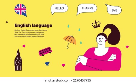 Language school Landing webpage template. Female student with England landmarks logos around. Flat Art Vector Illustration
