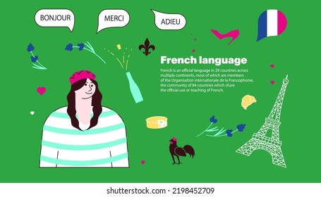 Language school Landing webpage template. Female student with Hello, thanks and bye in speech bubble and French landmarks logos around. Flat Art Vector Illustration