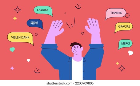 Language school Landing webpage template. Man is speaking Thanks in different languages, diversity and multiculturalism concept. Flat Art Vector Illustration