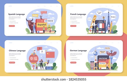 Language school learning web banner or landing page set. Professor teaching foreign languages. Children studying foreign vocabulary. Idea of global communication. Vector illustration in cartoon style