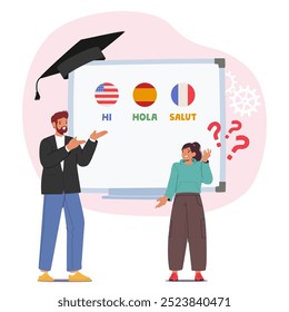 Language School Lesson Featuring A Teacher And Student Characters Engaging In English, Spanish, And French Language Learning In A Classroom Setting with Large Blackboard. Cartoon Vector Illustration