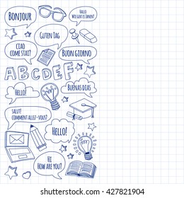Language school linear doodle icons on notebook paper
