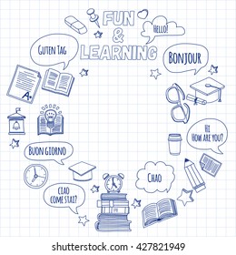 Language school linear doodle icons on notebook paper