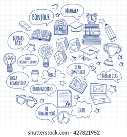 Language school linear doodle icons on notebook paper
