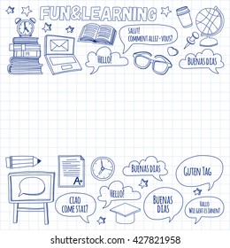 Language school linear doodle icons on notebook paper