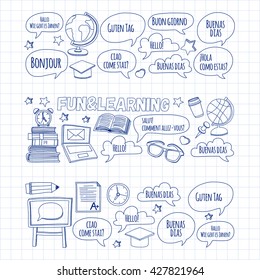 Language school linear doodle icons on notebook paper